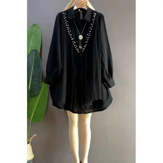 Áo sơ mi cơ bản giảm béo che bụng, phối họa tiết, kích thước lớn, thời trang nữ 2025, áo mới mùa xuân