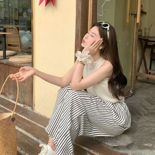 Quần Dài kẻ sọc ống rộng nữ dáng suông lưng cao cạp chun Sọc suông đen new