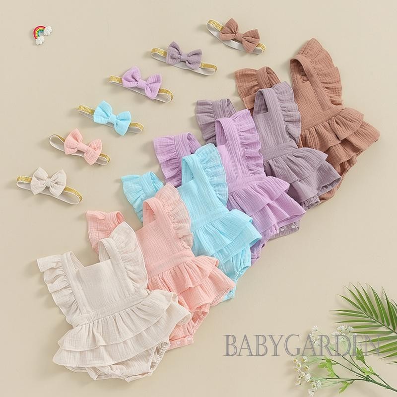 Baga-baby Bé Gái Áo Liền Quần Có Băng Đô Màu Trơn Cổ Vuông Bay Tay Trẻ Sơ Sinh Body Quần Áo Mùa Hè