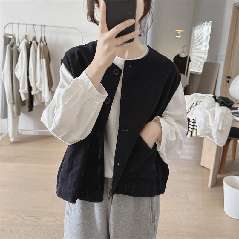 Áo Vest Cổ Tròn Nữ Mùa Xuân Thu Mới Rời Quá Khổ Retro Túi