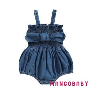 Mg-infant Girls Denim Romper Màu Trơn Nơ Ruched Không Tay Sling Bodysuits Mùa Hè Sơ Sinh Bé Playusits