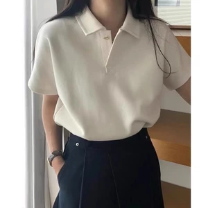 Suxi Tối Giản Retro Mùa Hè Phong Cách Hàn Quốc Cổ Áo Thun Nữ Tay Ngắn 240408