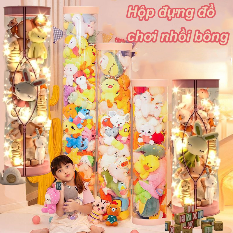 Gia đình hình trụ Hộp đựng đồ chơi nhồi bông bằng PET trong suốt chống bụi，Thùng đựng búp bê sang trọng