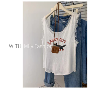 Milyfashion Loose Size Lớn Ren Trắng Khâu Sling Không Tay Top Mặc Ngoài Mèo Đen In Hình Dễ Thương Thường Ngày Phong Cách Ba Lê