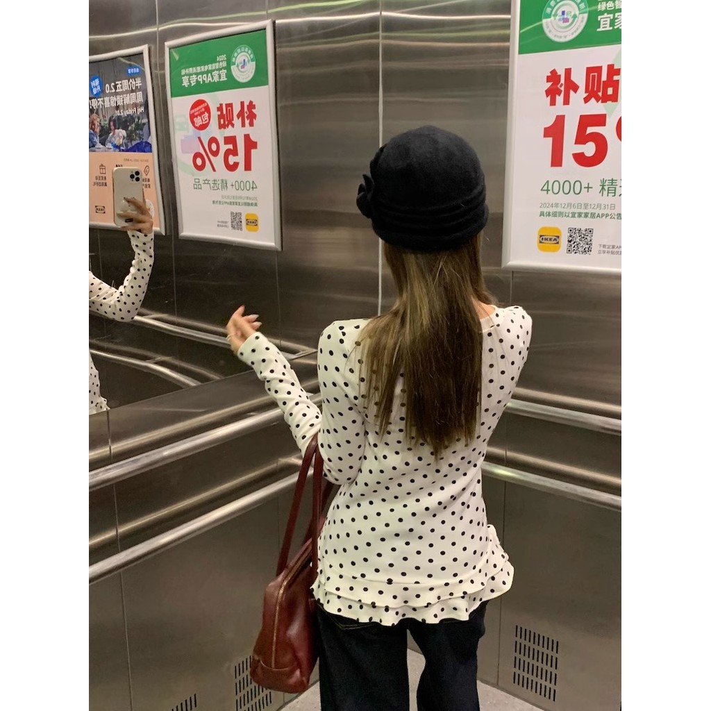 SUXI Áo thun nữ cổ điển kiểu Pháp chấm bi thời trang đơn giản Slim Fit cổ tròn dài tay Áo thun nữ ren viền hàng đầu 250215