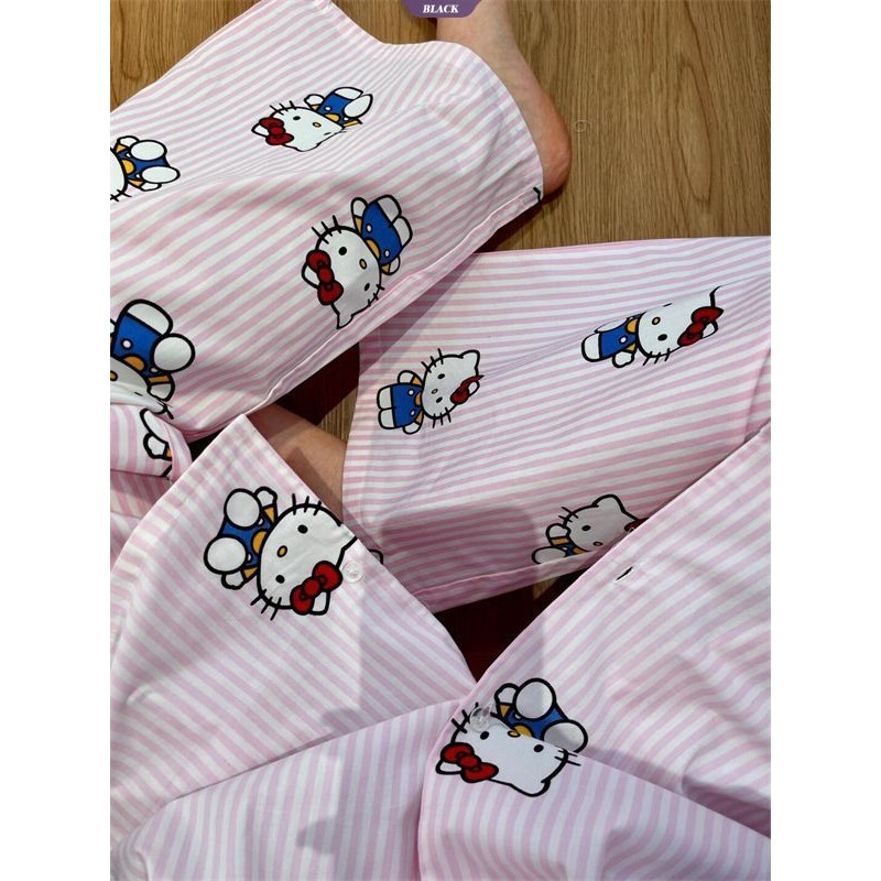 Bộ đồ ngủ sọc Hellokitty màu hồng Nữ Xuân Thu 2025 Quần dài tay mới Bộ đồ mặc nhà cho bé gái xinh đẹp [BL]