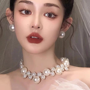 1 Đôi Retro Cô Dâu Ngọc Trai Bông Tai Ánh Sáng Sang Trọng Xương Đòn Dây Chuyền Thanh Lịch Cưới Phụ Kiện