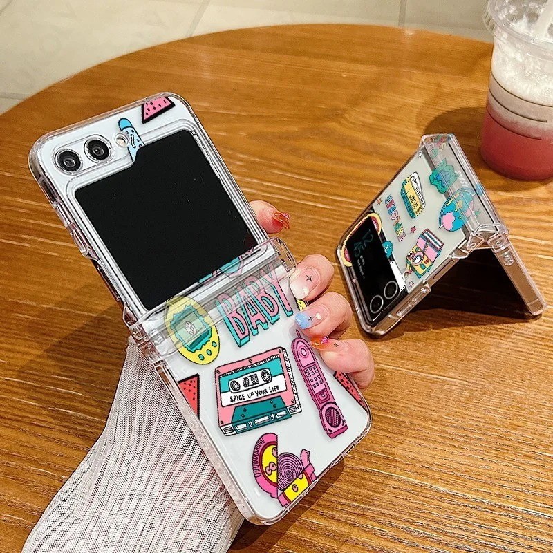 Dễ Thương Nhiều Màu Sắc Tươi Họa Tiết In Hình Trong Suốt Cho Samsung Galaxy Z Flip 5 Flip 3 Flip 4 Có Bản Lề Trong Suốt Cứng PC Gấp Ốp điện thoại Cho Samsung Z Flip5 Flip4 Flip3