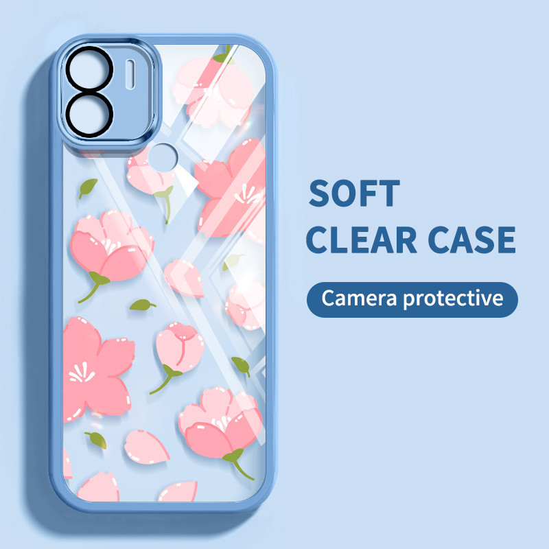Ốp Điện Thoại Trong Suốt Màu Siêu Mỏng YBD Cho Redmi A1 A2 Plus A1 + A2 + 2022 Xiaomi POCO C50 C51 Họa Tiết Hoa Tulip Hồng (Có Phim Ống Kính Tích Hợp)