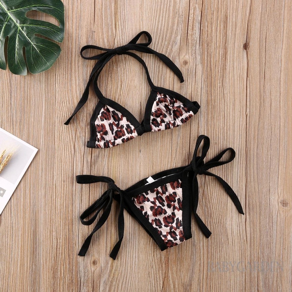 Baga-6-24 tháng tuổi Bộ Bikini in họa tiết da báo cho bé gái Dây cổ + Quần short Trang phục đồ bơi cho bé mùa hè