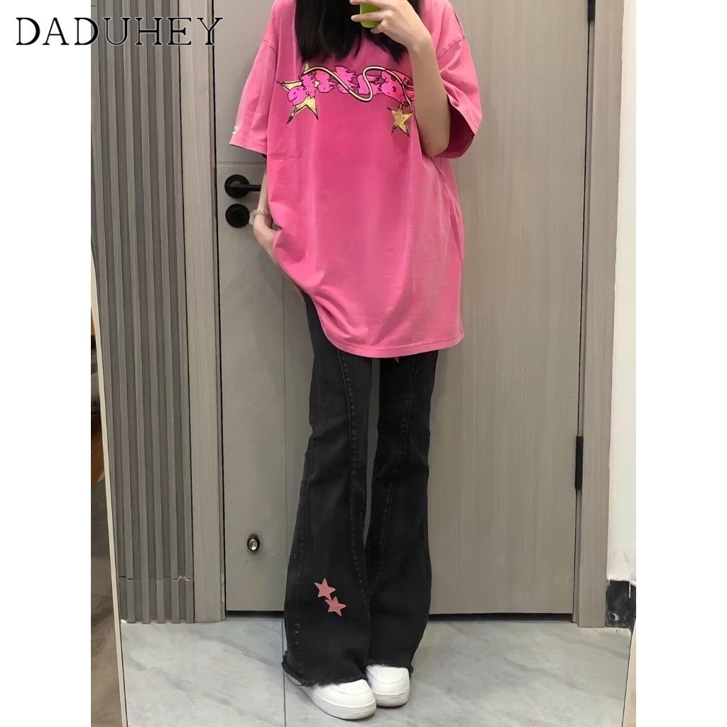Ảnh DaDuHey New Korean Version of Pink Star Jeans Women's High-waisted Flared Pants Niche plus Size Trousers 3
