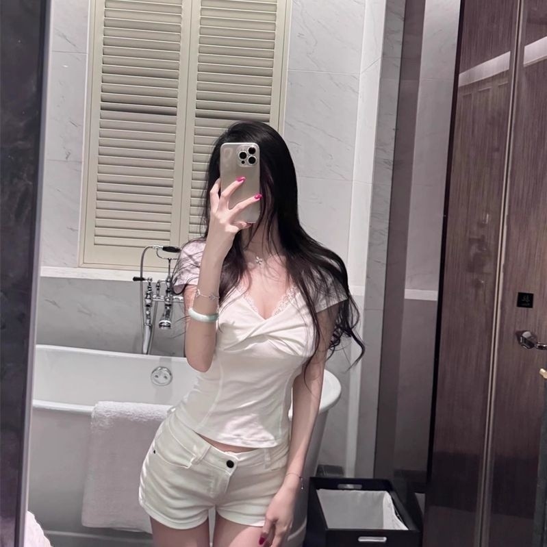 Áo thun ngắn tay cổ V cho phụ nữ mùa hè mới, dáng ôm vừa vặn