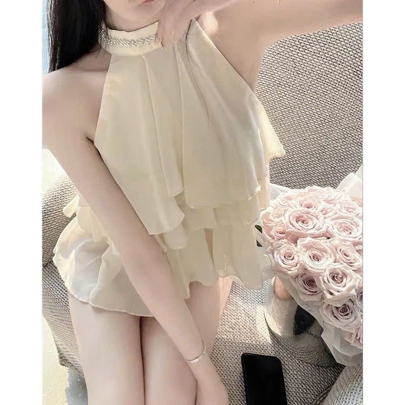 Áo cổ yếm hở vai cho nữ phối voan 3 tầng phong cách tiểu thư sang chảnh BA SP277