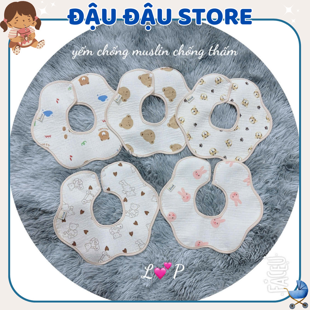 Set 4 Yếm Tròn Xô Muslin Chống Thấm Cúc Bấm Lp in họa tiết - 4 lớp cao cấp mềm mại cho bé trai bé gái Đậu Đậu Store