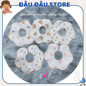 Set 4 Yếm Tròn Xô Muslin Chống Thấm Cúc Bấm Lp in họa tiết - 4 lớp cao cấp mềm mại cho bé trai bé gái Đậu Đậu Store