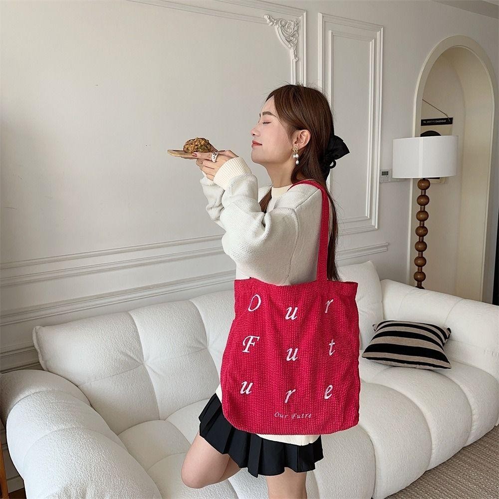 [Vận chuyển nhanh] Túi mua sắm SIMPLEAID, Túi đeo vai thêu chữ dung tích lớn, Túi Tote vải nhung bền cho nữ