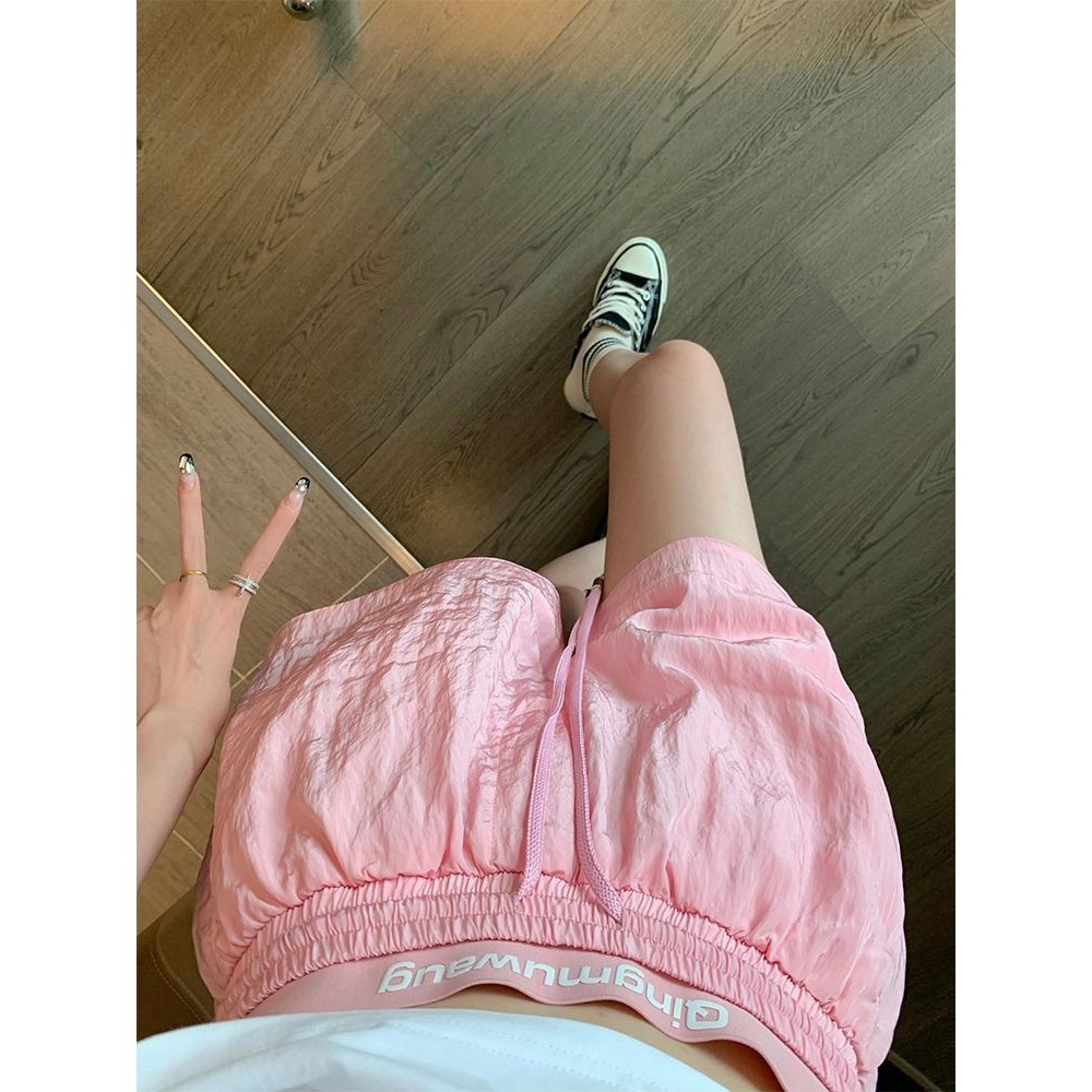 Quần Short Thể Thao Màu Hồng Nữ Mùa Hè Cao Cấp Rời Ống Rộng Dây Rút Thẳng Quần Short Thường Ngày