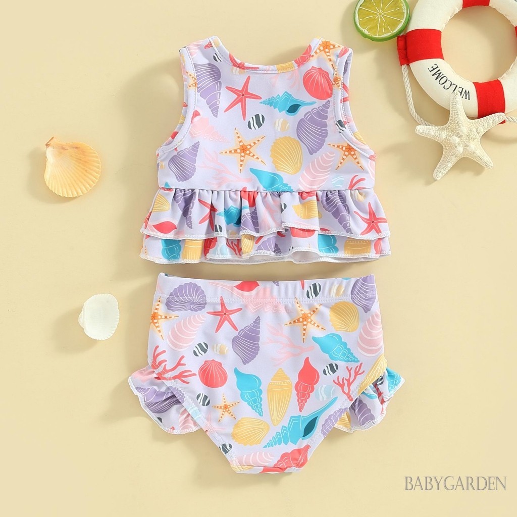 Baga-3 tuổi Bikini mùa hè cho bé gái Bộ 2 chiếc Áo ba lỗ cổ tròn không tay in hình sao biển có quần short Đồ bơi