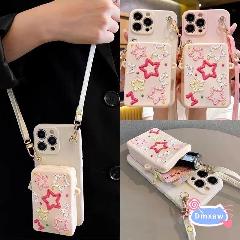 Dành Cho iPhone 16 Pro Max 16 Plus 15 Pro Max 15 Plus 14 13 12 Pro Max 14 Plus 13 12 Mini Màu Hồng Nhiều Màu Sắc Ngôi Sao Năm Cánh Ví Đựng Tiền Xu Ốp Lưng Điện Thoại Có Dây Đeo Chéo