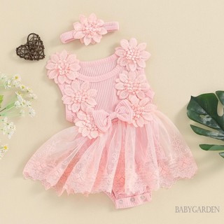 Baga-infant Bé Gái Mùa Hè Không Tay Cổ Tròn Tuyn Chắp Vá Ren Hoa Romper Có Băng Đô