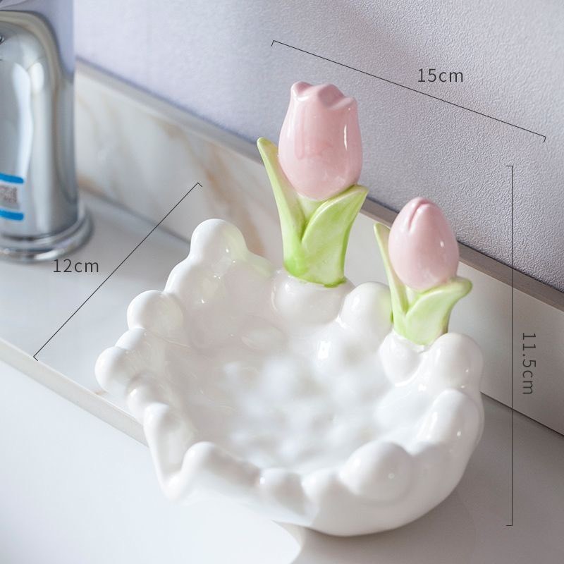 Khay Đựng Xà Phòng Thoát Nước Hoa Tulip - Khay Để Đồ Decor Bằng Gốm Sứ Hoạ Tiết Hoa Hồng Để Nhà Tắm