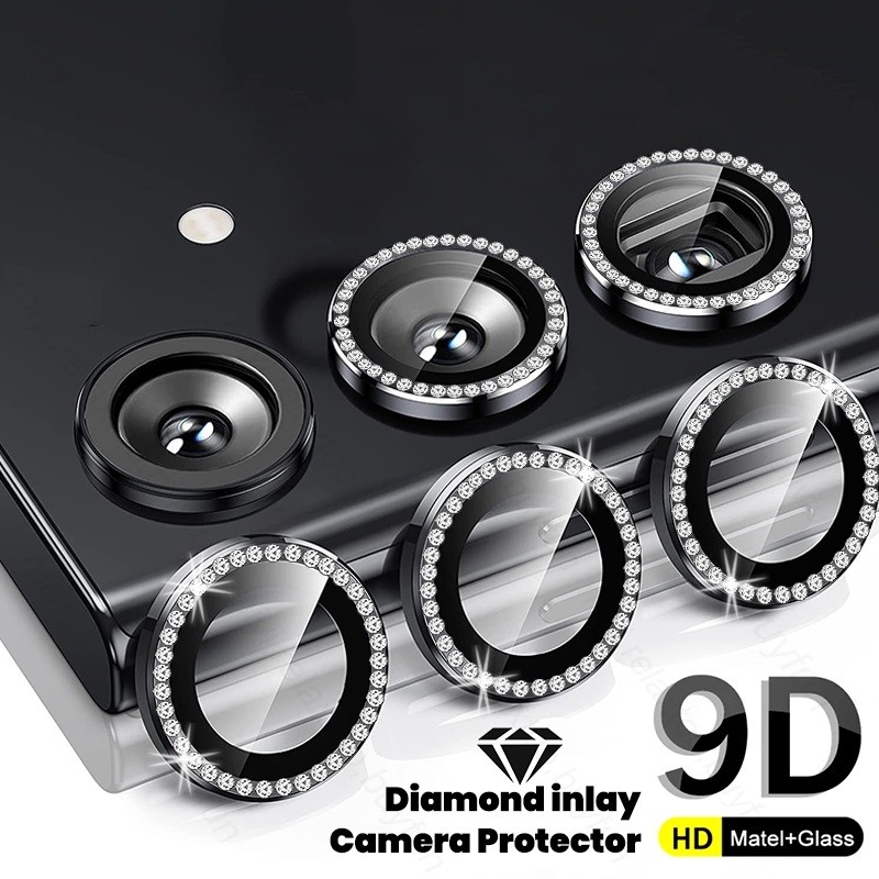 Bling 3D Kim Cương Kim Loại Camera Vòng Bảo Vệ Cho Samsung S25 Ultra S24 S23 S22 Plus S24 FE 5G HD Kính Cường Lực Hợp Kim Nắp Ống Kính