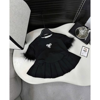 10-32kg Set áo đỏ đen tay phôi lông mix chân váy xếp ly TM cho bé gái