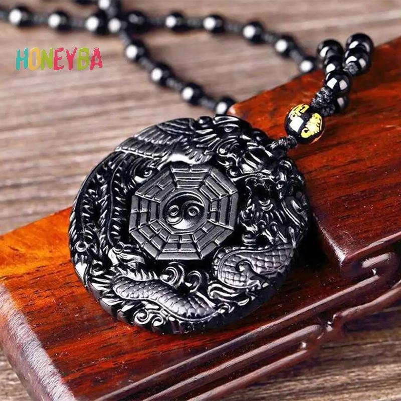 < Honeyba > Đen Tự Nhiên Obsidian Tay Khắc Rồng Trung Quốc Phượng Hoàng Chim Bùa Hộ Mệnh Vòng Cổ BaGua Dành Cho Nữ May Mắn Linh Vật Bùa Mặt Dây Chuyền