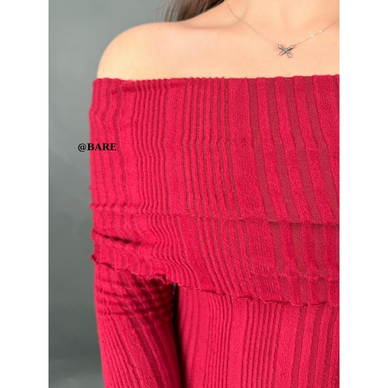 "Vải Len Gân" Đầm Ôm Body Nữ Trễ Vai Tay Dài Quyến Rũ, Đầm Noel Cho nữ_D02