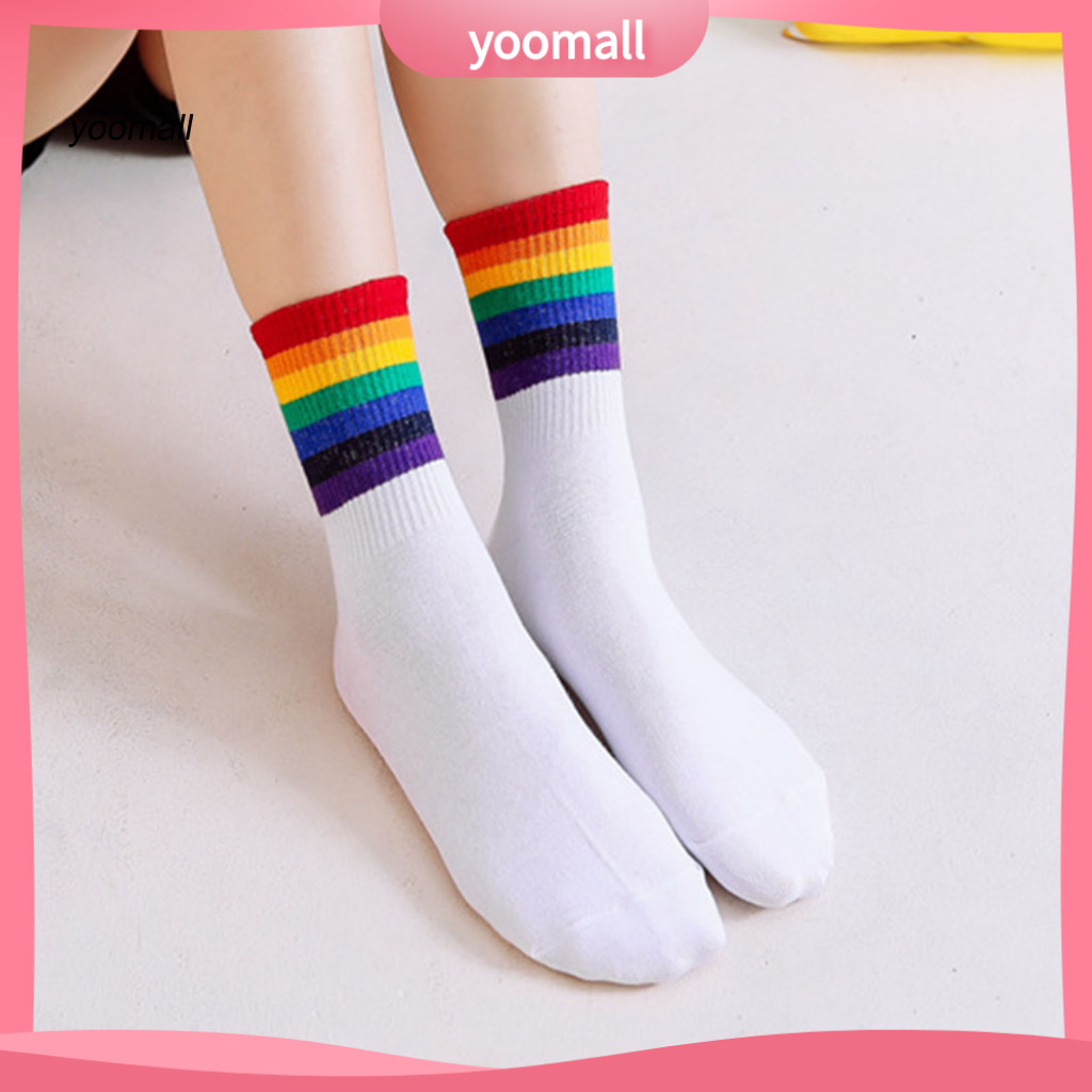 Yo / Tất sọc độc đáo Tất vải Polyester mềm mại Tất mùa đông sọc cầu vồng ấm cúng dành cho nữ Tất mắt cá chân ống giữa ấm áp chống trượt
