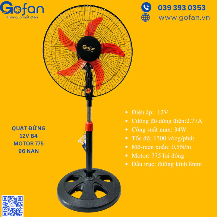 quạt 12v/24V-Quạt lỡ công nghiệp 12V/24V-GOFAN- sải cánh 40cm cao 1m-motor 545,motor 555,motor 775-hàng có sẵn HCM