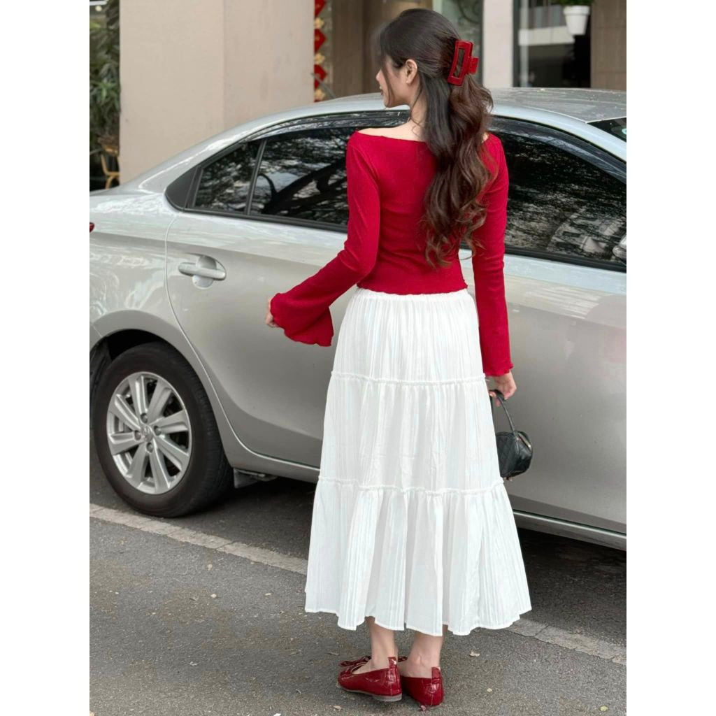 ( Có tách set) Set váy áo trễ vai tay dài phối nơ và chân váy đũi dáng dài phong cách điệu đà tiểu thư- A277, CV051