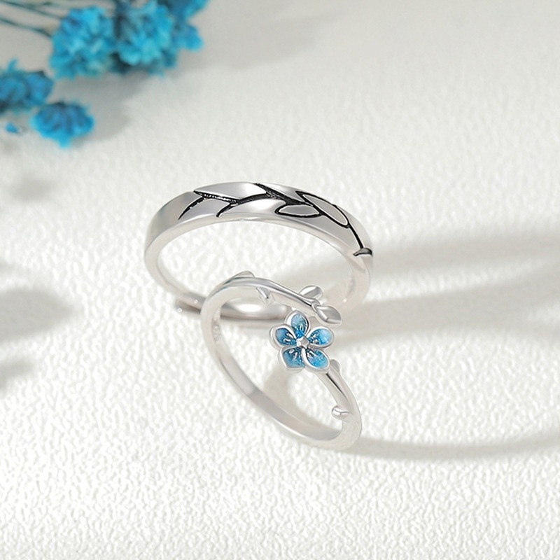 S925 Bạc Đừng Quên Tôi Hoa Cặp Đôi Nhẫn Mở Có Thể Điều Chỉnh Nam Nữ Nhẫn Cặp Đôi