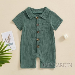 Baga-bộ áo liền quần mùa hè cho bé trai màu trơn tay ngắn có ve áo nút xuống áo liền quần cho bé