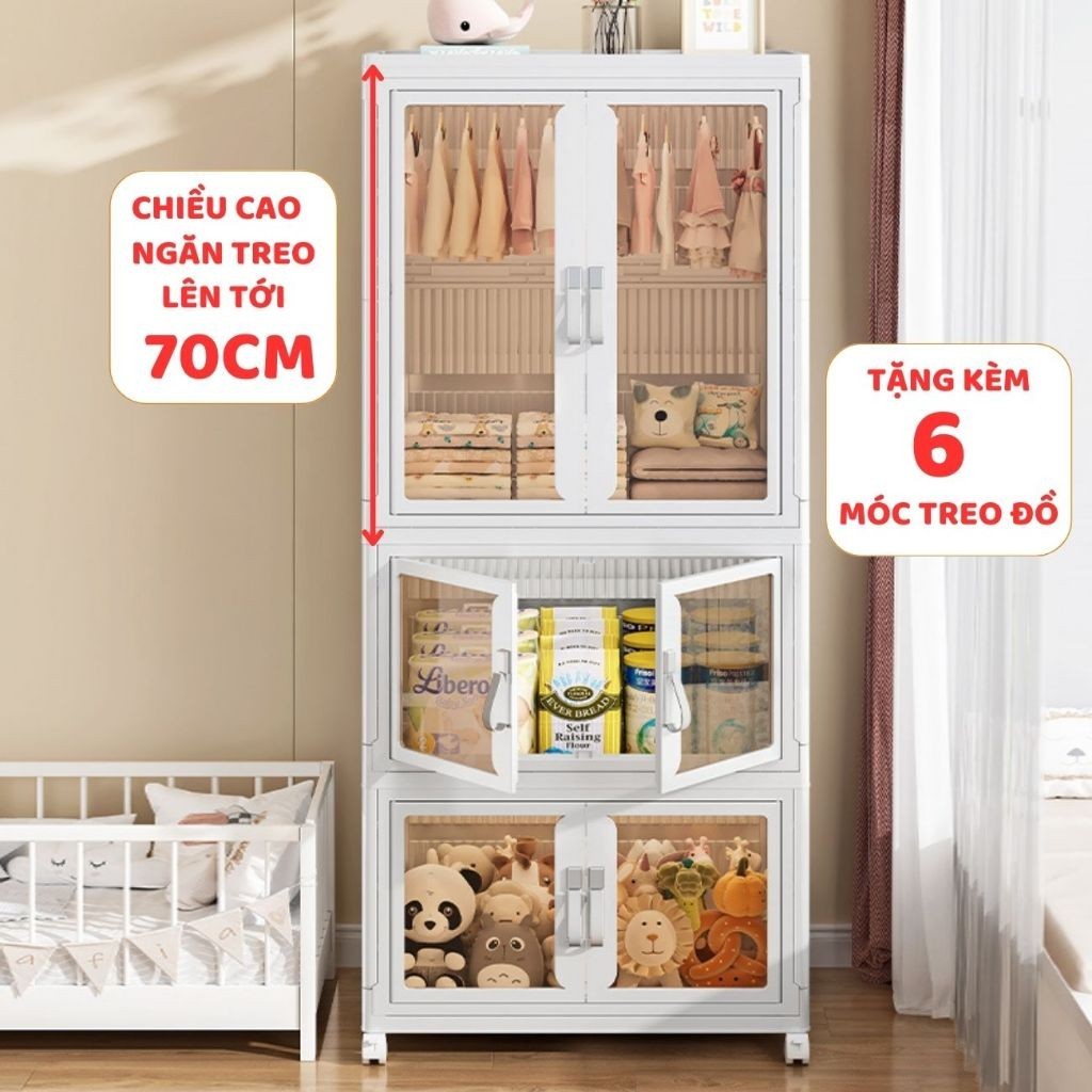 Tủ Đựng Quần Áo Cho Bé ENODA HOME, Tủ Quần Áo Có Ngăn Treo, Bánh Xe Xoay 360, Cửa Nam Châm Chống Bụi Hiệu Quả TUN043