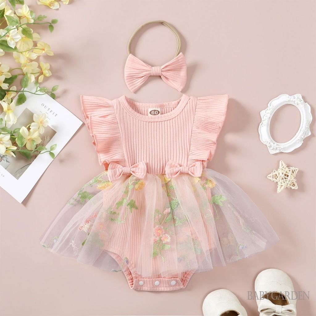 Baga-baby Bé Gái Áo Liền Quần Có Băng Đô Tay Bay Thêu Hoa Tulle Viền Trẻ Sơ Sinh Body Quần Áo Mùa Hè