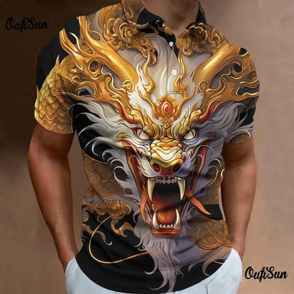 Áo polo nam có cổ họa tiết rồng 3D, tay ngắn, oversized, áo thun nam có nút, áo sweatshirt thường ngày cho nam, áo động vật