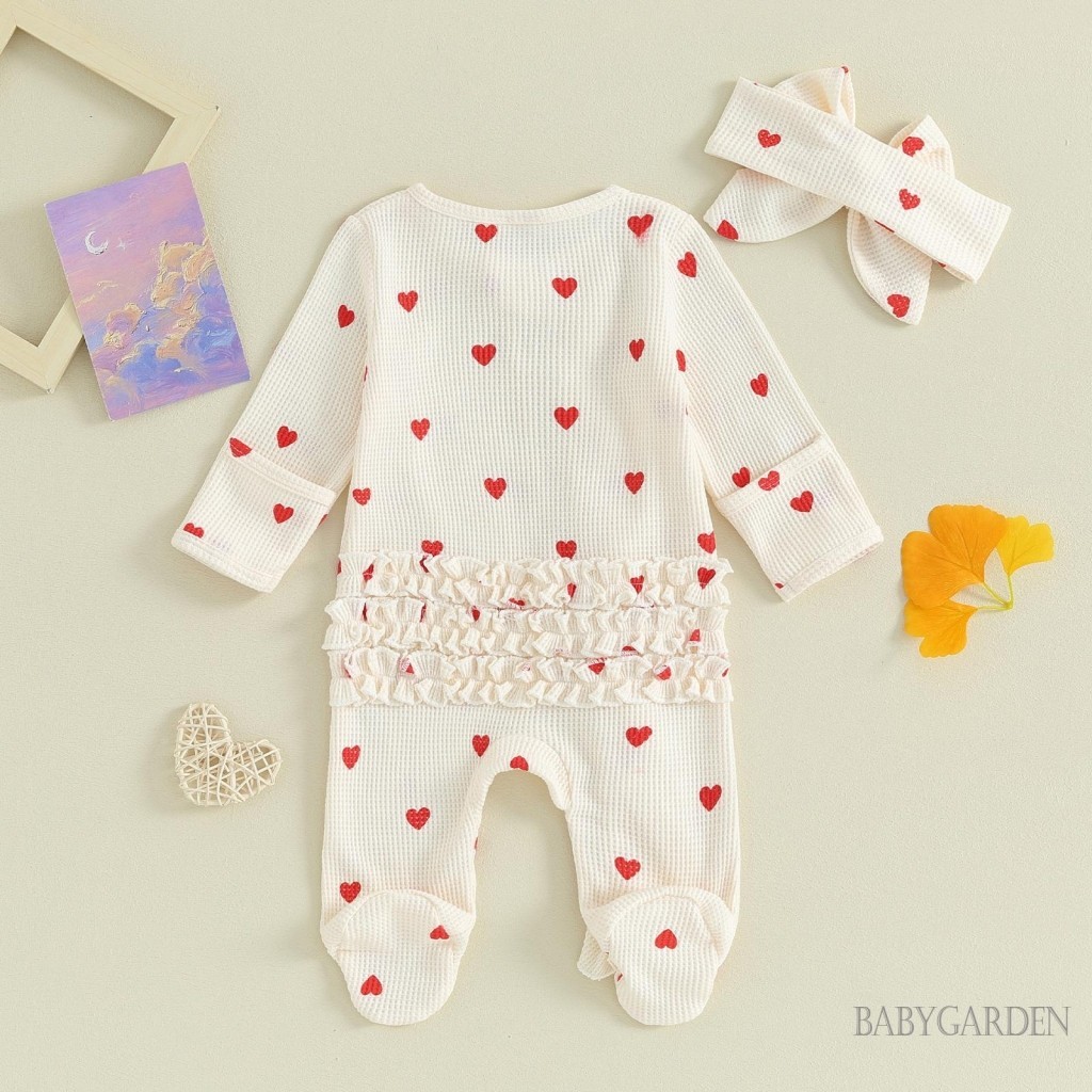 Baga-cô gái sơ sinh Ngày lễ tình nhân Áo liền quần có băng đô dài tay cổ tròn in hình trái tim Ruffle Dây kéo Quần áo trẻ em 0-6M