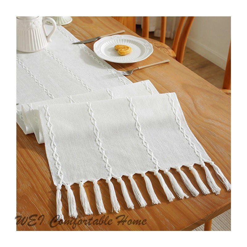 Sọc Màu Trơn Bàn Á Quân Vải Lanh Cotton Handmade Tua Rua Bàn Cà Phê Bàn Vải Nhà Khăn Trải Bàn Dài