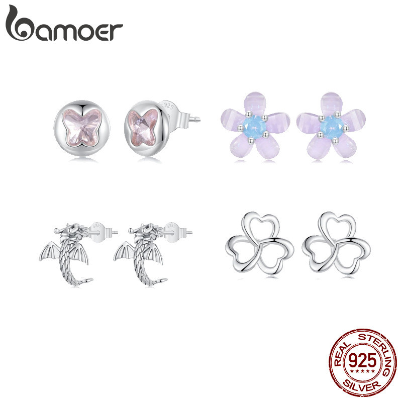 Bamoer 925 Sterling Sliver Bông Tai Bướm Hoa Tím Cỏ Ba Lá Bay Thiết Kế Rồng Trang Sức Quà Tặng Cho Nữ