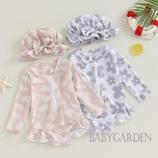Baga-6m-3y Đồ bơi bé gái cổ tròn in hoa Zip Áo liền quần dài tay phía trước + Mũ bơi 3D Nơ Bộ đồ tắm