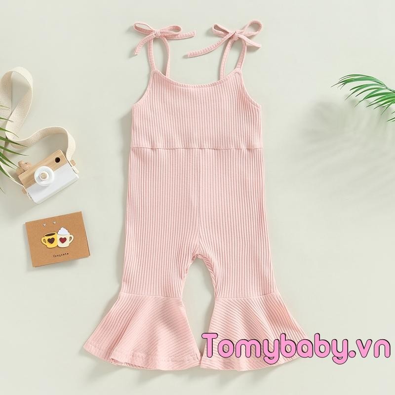 Bộ áo liền quần mùa hè cho bé gái mới biết đi Dây buộc không tay có gân Romper Bell Đáy cho trẻ sơ sinh