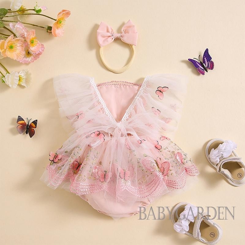 Baga-baby Bé Gái Rompers Có Băng Đô Ren Viền Họa Tiết Bướm Thêu Bay Tay Áo Tulle Viền Trẻ Sơ Sinh Body Quần Áo