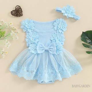 Baga-infant Bé Gái Mùa Hè Không Tay Cổ Tròn Tuyn Chắp Vá Ren Hoa Romper Có Băng Đô