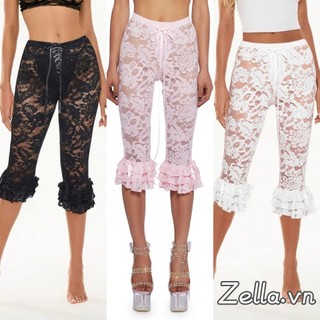 Nữ Capri Quần Ren Nhìn Xuyên Qua Eo Cao Xù Viền Mùa Hè Thường Ngày Co Giãn Crop Legging