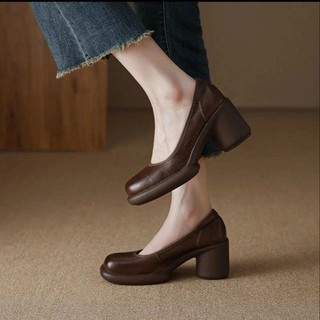 Giày cao gót mũi tròn chunky cho nữ, giày slip-on miệng nông, chống nước, đế bệt