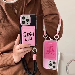 Ốp Lưng Tương Thích Cho IPhone 15 11 13 16 12 14 Pro Max XR 7Plus 11 8 7 16 6s Plus XS X Max SE 2022 Sáng Tạo Đáng Yêu Thắt Nơ Màu Hồng Sang Trọng Dây Ví Khe Cắm Thẻ Bìa Mềm