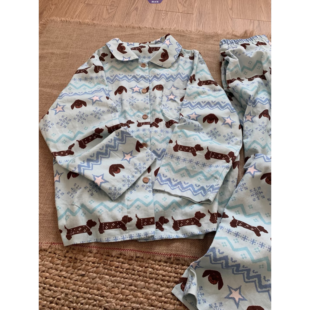 Bộ đồ ngủ dễ thương Isle Dachshund dành cho nữ Xuân Thu 2025 Quần dài tay mới Bộ đồ mặc nhà [BL]