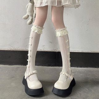 Tất ren Gothic Nhật Bản có chi tiết nơ bướm, hoàn hảo cho mùa hè / mùa thu, có ren hoa và phong cách Lolita nguyên chất