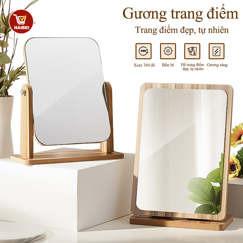 Gương trang điểm để bàn kiểu Hàn Quốc, khung gỗ, hình vuông, đơn giản.
